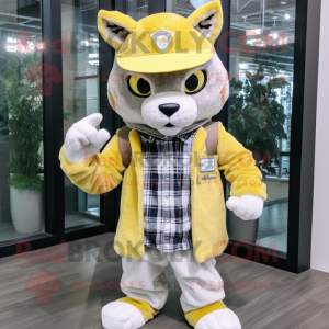 Lemon Yellow Lynx mascot costume character dressed with a Flannel Shirt and Berets