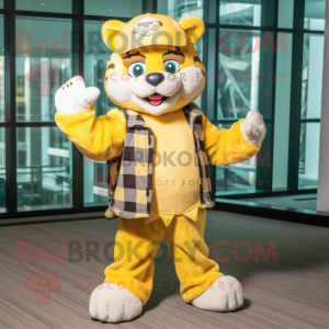 Lemon Yellow Lynx mascot costume character dressed with a Flannel Shirt and Berets