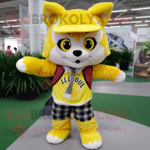 Lemon Yellow Lynx mascot costume character dressed with a Flannel Shirt and Berets