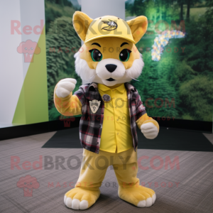 Lemon Yellow Lynx mascot costume character dressed with a Flannel Shirt and Berets