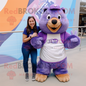 Lavender Marmot mascot costume character dressed with a Mom Jeans and Shoe laces