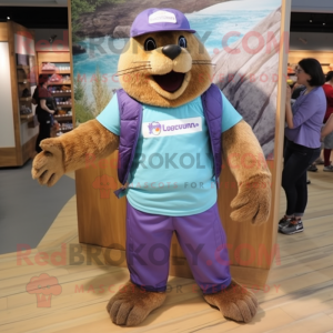 Lavender Marmot mascot costume character dressed with a Mom Jeans and Shoe laces