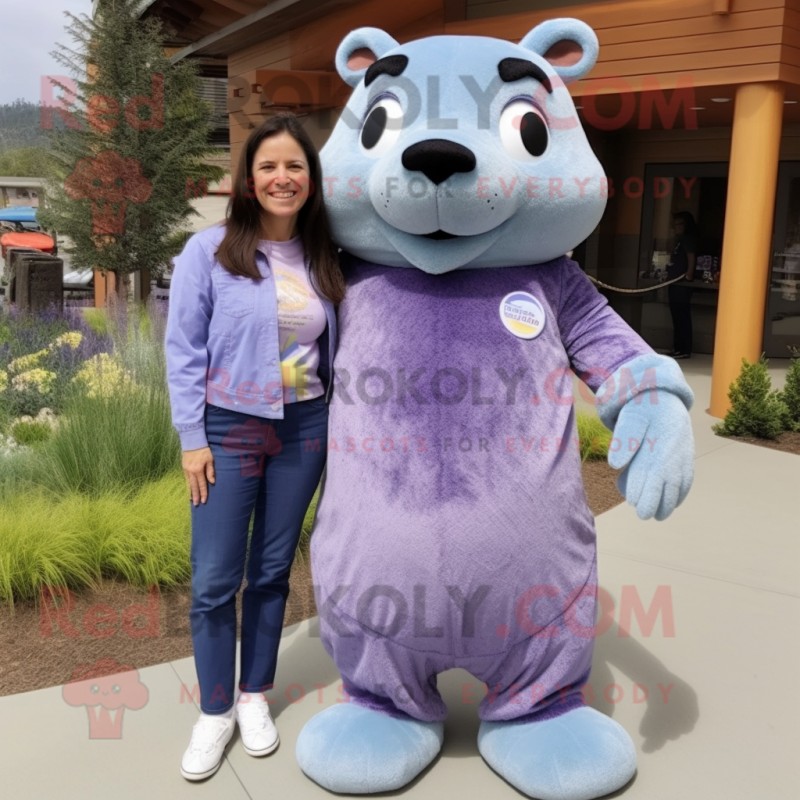 Lavender Marmot mascot costume character dressed with a Mom Jeans and Shoe laces Lavender Marmot mascot costume character dressed with a Mom Jeans and Shoe laces