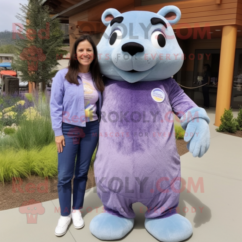 Lavender Marmot mascot costume character dressed with a Mom Jeans and Shoe laces