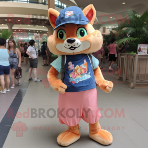 Peach Puma mascot costume character dressed with a Denim Shorts and Keychains