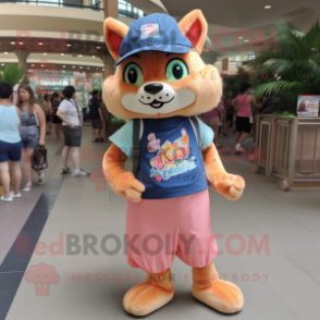 Peach Puma mascot costume character dressed with a Denim Shorts and Keychains