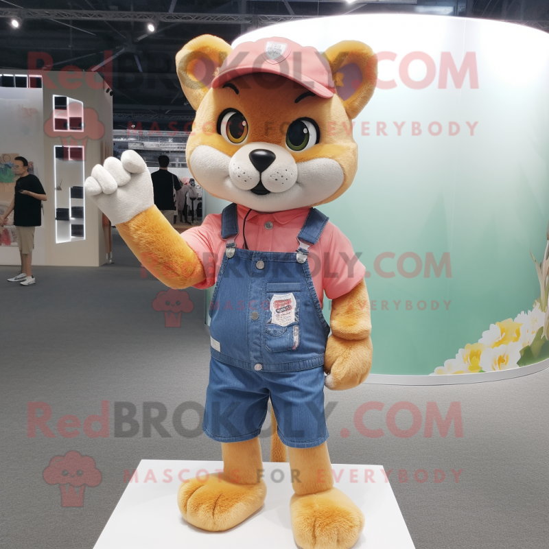 Peach Puma mascot costume character dressed with a Denim Shorts and Keychains