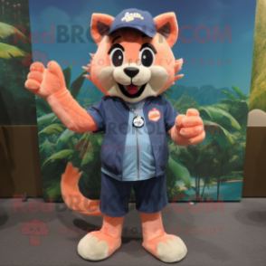 Peach Puma mascot costume character dressed with a Denim Shorts and Keychains