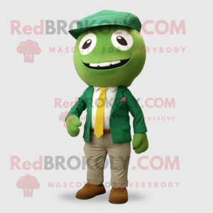 Green Pho mascot costume character dressed with a Chinos and Tie pins