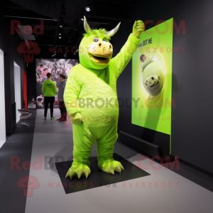 Lime Green Woolly Rhinoceros mascot costume character dressed with a Romper and Foot pads