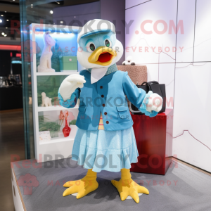 Sky Blue Muscovy Duck mascot costume character dressed with a Cardigan and Clutch bags