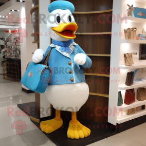 Sky Blue Muscovy Duck mascot costume character dressed with a Cardigan and Clutch bags