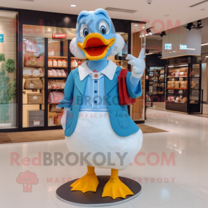 Sky Blue Muscovy Duck mascot costume character dressed with a Cardigan and Clutch bags