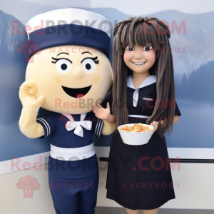 Navy Ramen mascot costume character dressed with a Dress Shirt and Hair clips