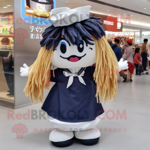 Navy Ramen mascot costume character dressed with a Dress Shirt and Hair clips