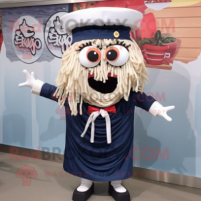 Navy Ramen mascot costume character dressed with a Dress Shirt and Hair clips