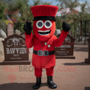 Red Graveyard mascot costume character dressed with a V-Neck Tee and Berets