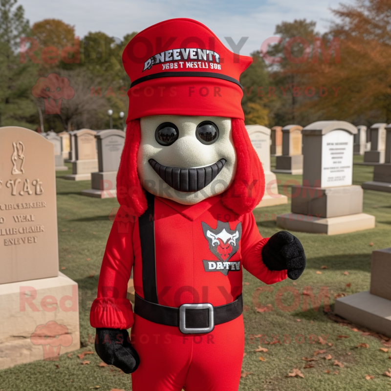 Red Graveyard mascot costume character dressed with a V-Neck Tee and Berets