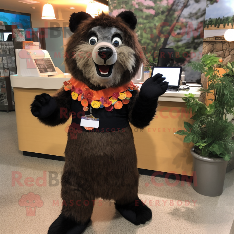 Rust Spectacled Bear mascot costume character dressed with a A-Line Dress and Keychains