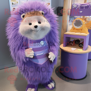 Lavender Porcupine mascot costume character dressed with a Corduroy Pants and Coin purses