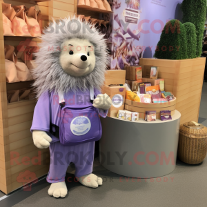 Lavender Porcupine mascot costume character dressed with a Corduroy Pants and Coin purses