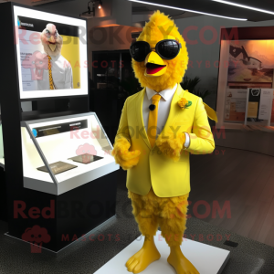 Yellow Fried Chicken mascot costume character dressed with a Suit Jacket and Necklaces