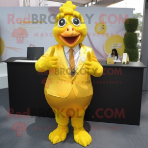 Yellow Fried Chicken mascot costume character dressed with a Suit Jacket and Necklaces