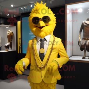 Yellow Fried Chicken mascot costume character dressed with a Suit Jacket and Necklaces