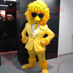 Yellow Fried Chicken mascot costume character dressed with a Suit Jacket and Necklaces