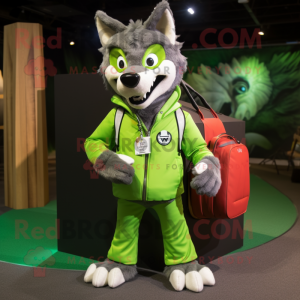 Lime Green Say Wolf mascot costume character dressed with a Bomber Jacket and Handbags