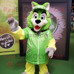 Lime Green Say Wolf mascot costume character dressed with a Bomber Jacket and Handbags