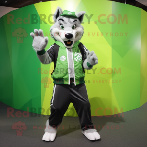 Lime Green Say Wolf mascot costume character dressed with a Bomber Jacket and Handbags