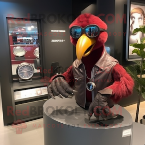 Maroon Dodo Bird mascot costume character dressed with a Moto Jacket and Bracelet watches