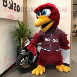 Maroon Dodo Bird mascot costume character dressed with a Moto Jacket and Bracelet watches