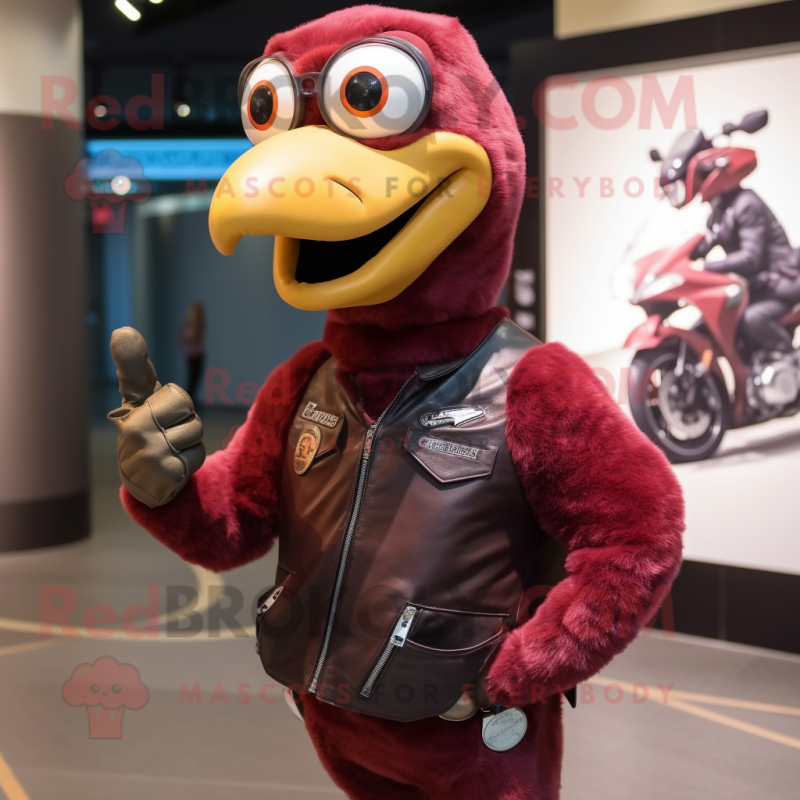 Maroon Dodo Bird mascot costume character dressed with a Moto Jacket and Bracelet watches