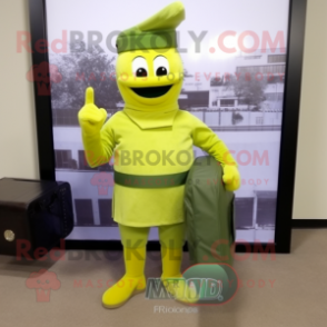 Lemon Yellow Green Beret mascot costume character dressed with a Bodysuit and Tote bags