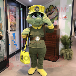 Lemon Yellow Green Beret mascot costume character dressed with a Bodysuit and Tote bags