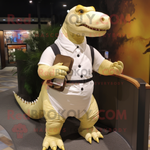 Cream Iguanodon mascot costume character dressed with a Turtleneck and Messenger bags