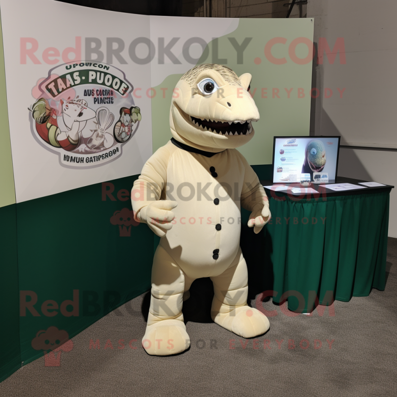 Cream Iguanodon mascot costume character dressed with a Turtleneck and Messenger bags