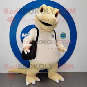 Cream Iguanodon mascot costume character dressed with a Turtleneck and Messenger bags