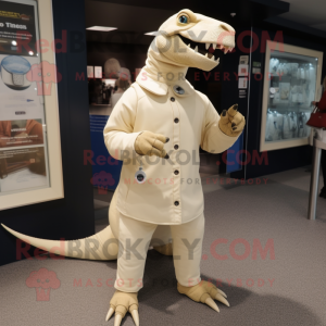 Cream Iguanodon mascot costume character dressed with a Turtleneck and Messenger bags
