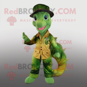 Olive Seahorse mascot costume character dressed with a Trousers and Hats