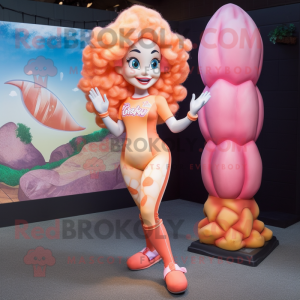 Peach Mermaid mascot costume character dressed with a Rash Guard and Anklets