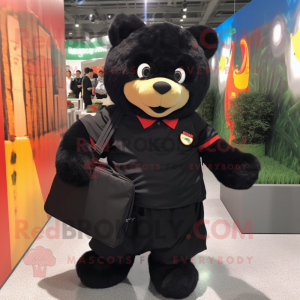 Black Teddy Bear mascot costume character dressed with a Pencil Skirt and Backpacks