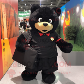Black Teddy Bear mascot costume character dressed with a Pencil Skirt and Backpacks