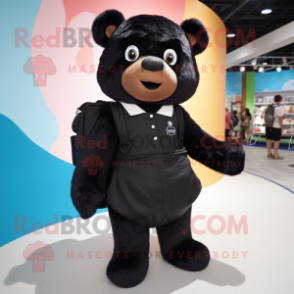 Black Teddy Bear mascot costume character dressed with a Pencil Skirt and Backpacks