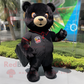 Black Teddy Bear mascot costume character dressed with a Pencil Skirt and Backpacks
