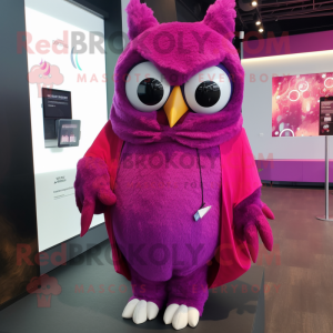 Magenta Owl mascot costume character dressed with a Cover-up and Earrings