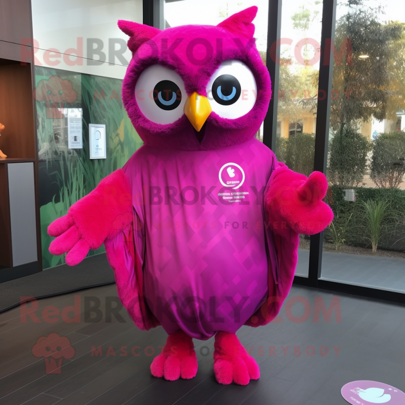 Magenta Owl mascot costume character dressed with a Cover-up and Earrings Magenta Owl mascot costume character dressed with a Cover-up and Earrings