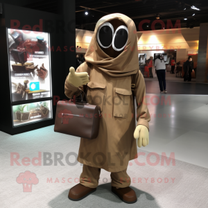 Brown Ghost mascot costume character dressed with a Windbreaker and Messenger bags